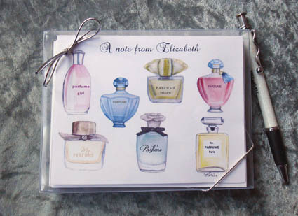 Personalized Designer Perfume Greeting Note Card 8 Ct. Box Set with Silver Shimmery Envelopes