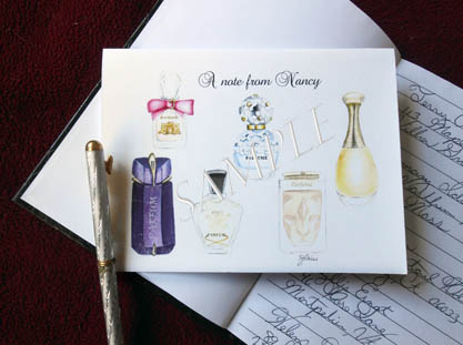 Designer Perfume Personalized Greeting Note Cards 8 Ct. Box Set with Silver Shimmery Envelopes