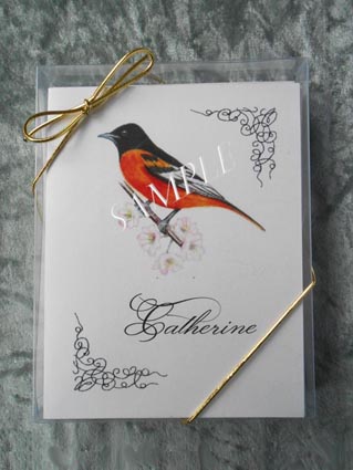 Baltimore Oriole Bird Personalized Art Note Card Greeting 8 ct. Box Set w White Envelopes