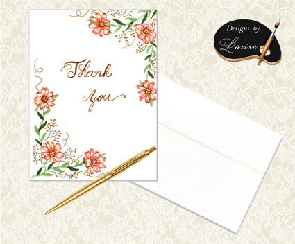 Decorative Orange Floral Thank You Cards with Envelopes