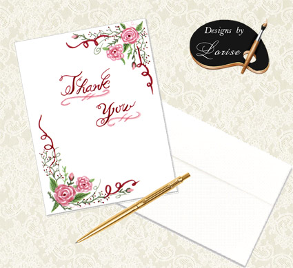 Decorative Rose Floral Thank You Cards with Envelopes