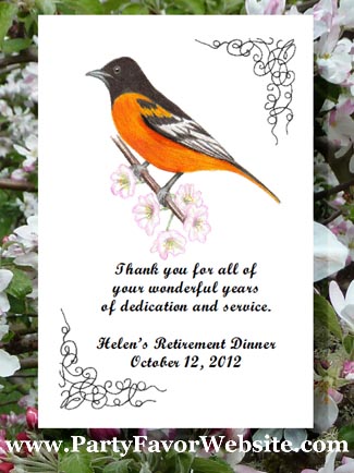 Baltimore Oriole bird & nature lover favors, Seed Favors & Tea Packet Favors