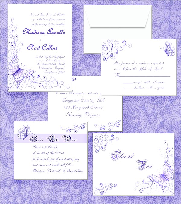 Lavender Butterflies and Fourishes Landmark Wedding Invitations