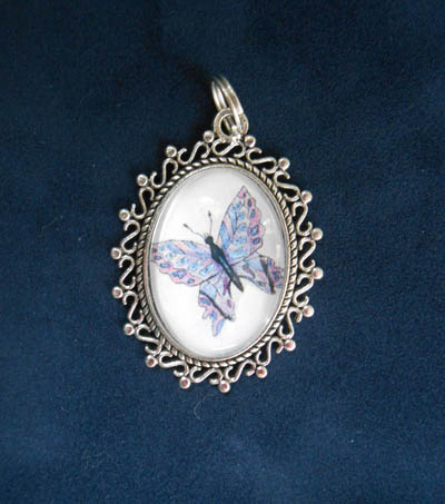 Blue Lavender and Pink Butterfly Jewelry Filigree Silver Pendant