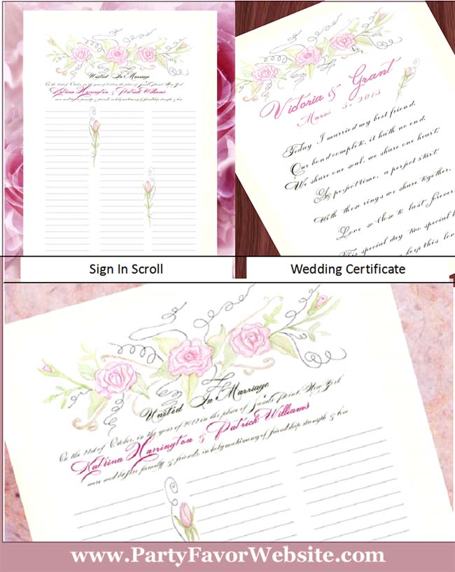 Pink Roses Calligraphy Lettering and Watercolor Wedding  Guest Sign in Scroll or Marriage Certificate