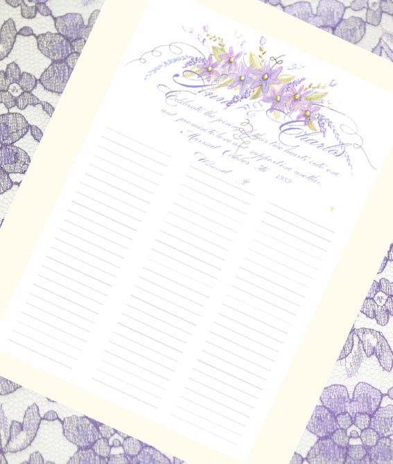 Lavender and Purple Flowers with Calligraphy Lettering and Watercolor Wedding  Guest Sign in Scroll or Marriage Certificate